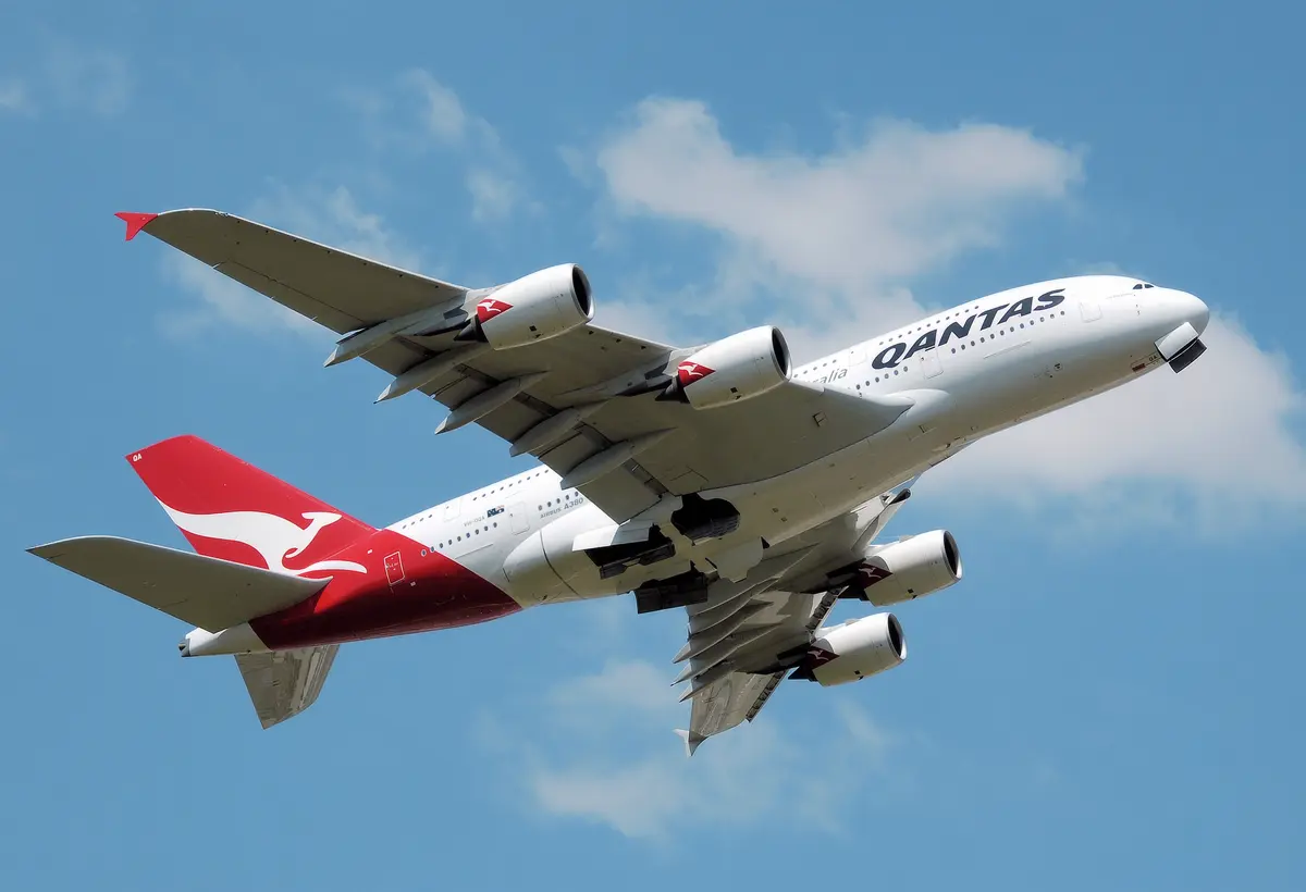 A Qantas Airbus A380 climbing after take-off, seen from below against a blue sky with soft clouds.